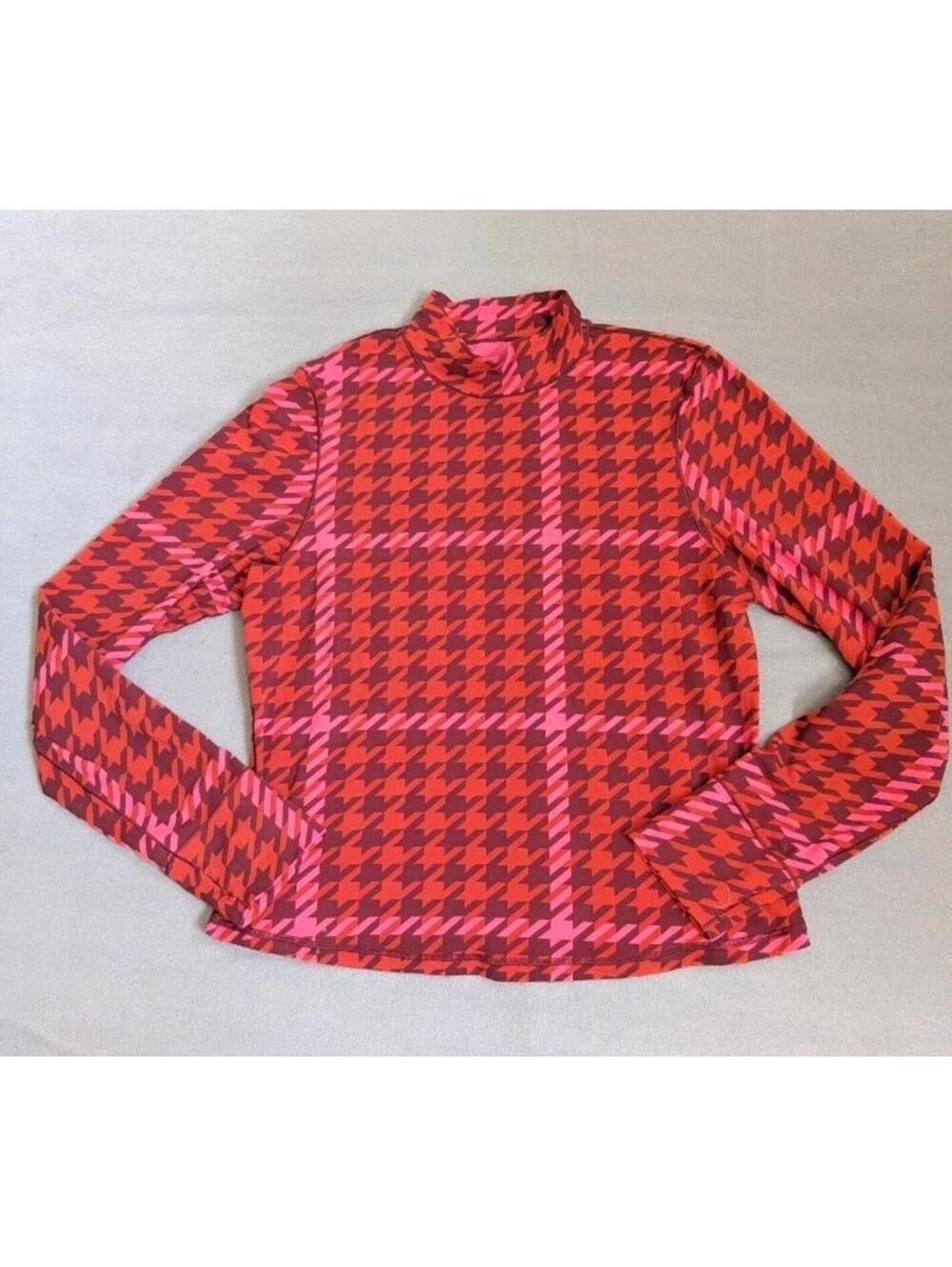 OFFLINE By Aerie Shirt Womens XL Red Houndstooth Mock Neck Long Sleeve Yoga